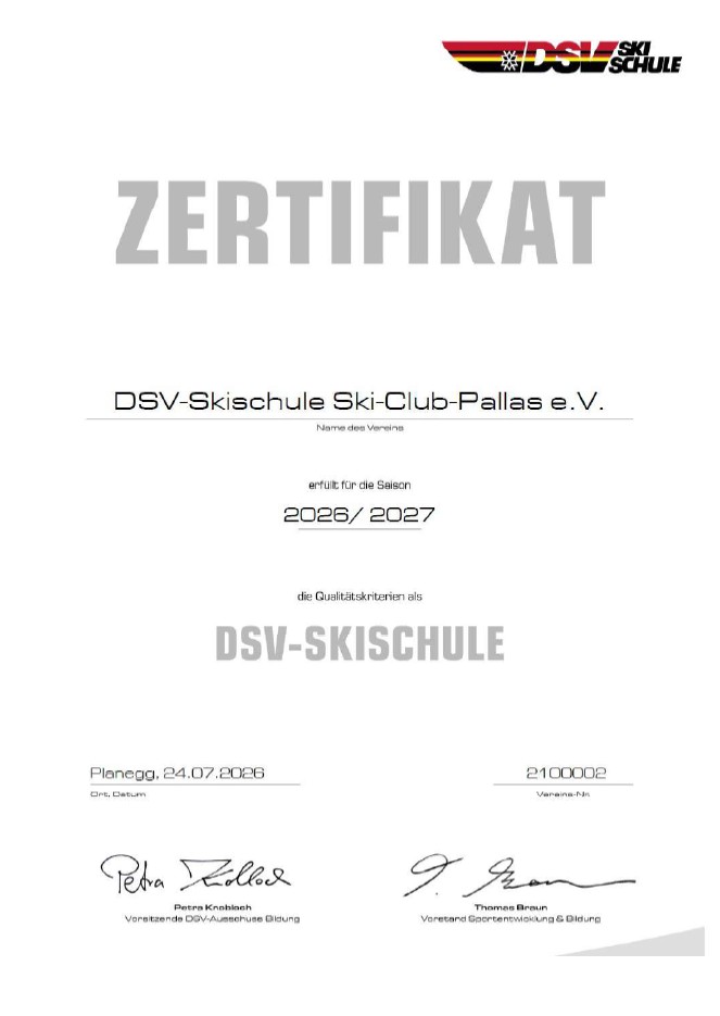 2026 07 Zertifikat SVB DSV SkischuleSki Club Pallas